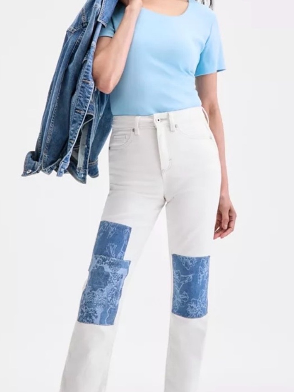 Style & CO High-Rise Cream Jeans with Blue Patch Detail
